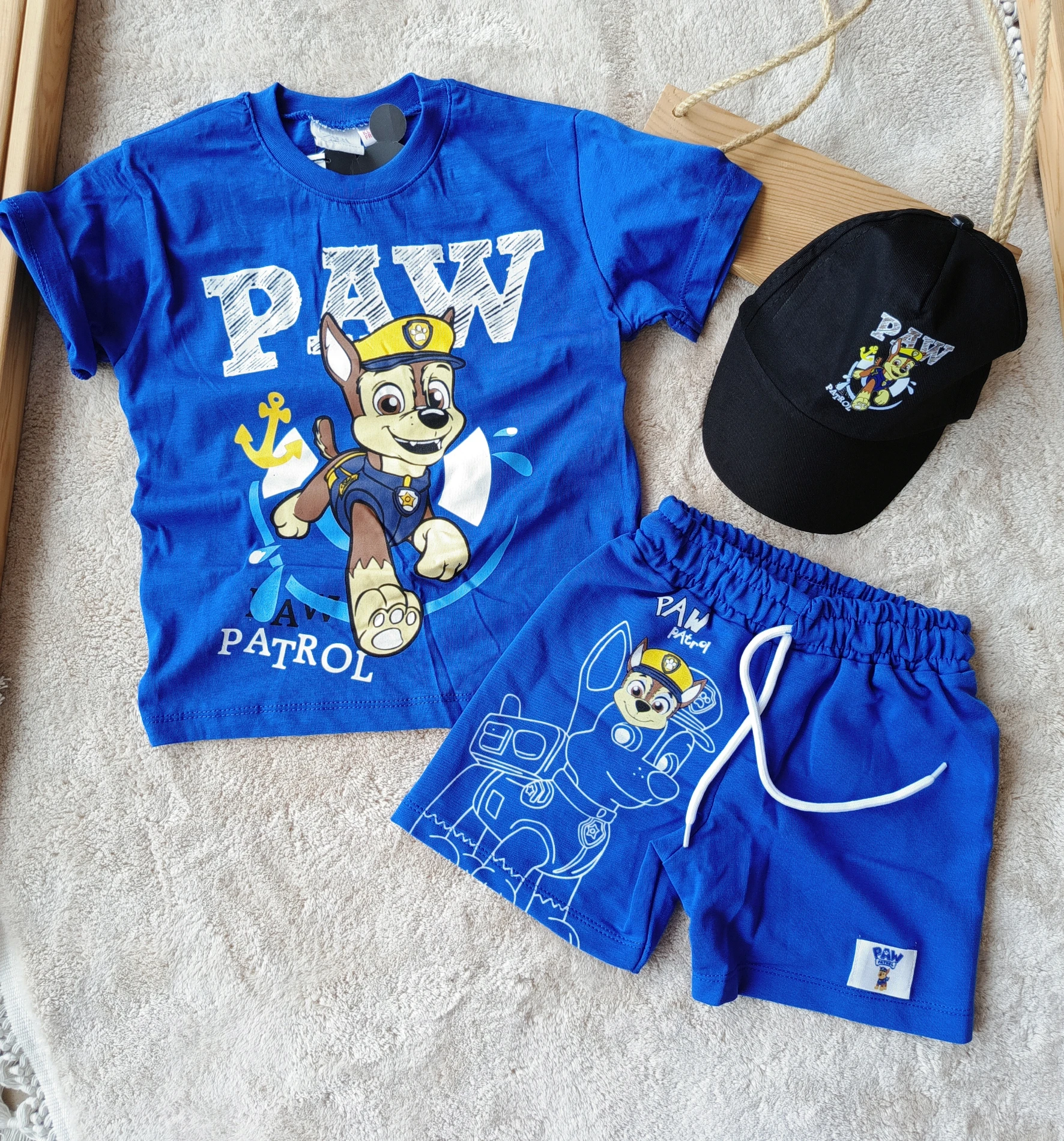 Çocuk Takım Paw Patrol Baskılı Şapka Hediyeli 2-8 Yaş Saks Mavi