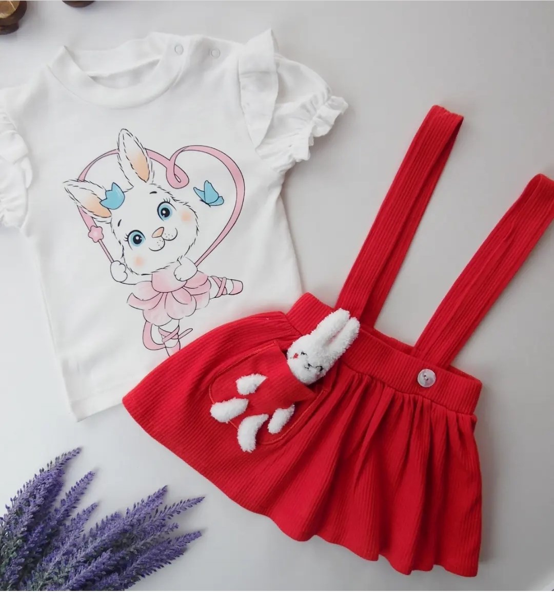 kız bebek salopet elbise 6-18 ay fitilli kumaş oyuncak tavşan cepli kırmızı