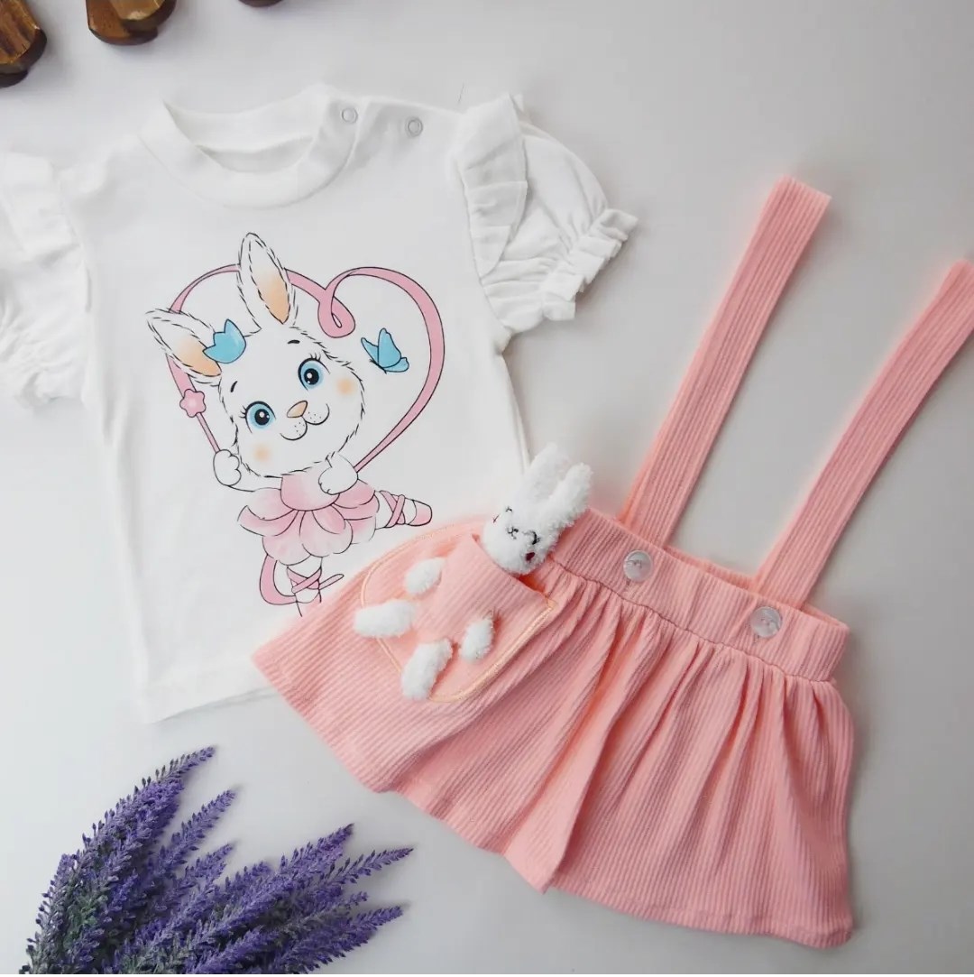 kız bebek salopet elbise 6-18 ay fitilli kumaş oyuncak tavşan cepli somon 