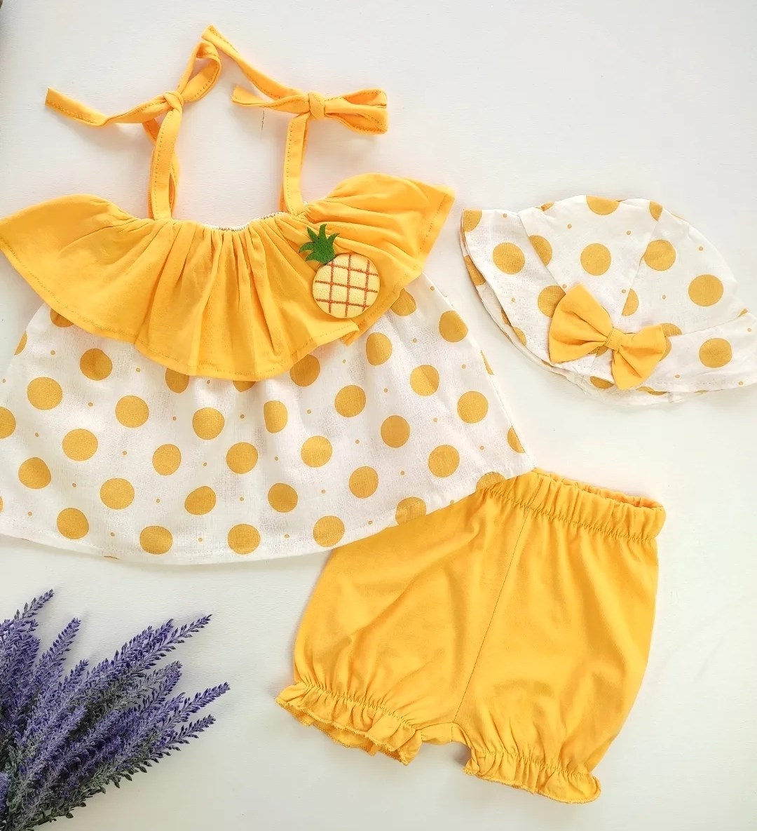kız bebek takım 6-18 ay ananas detaylı puantiyeli turuncu şapkalı