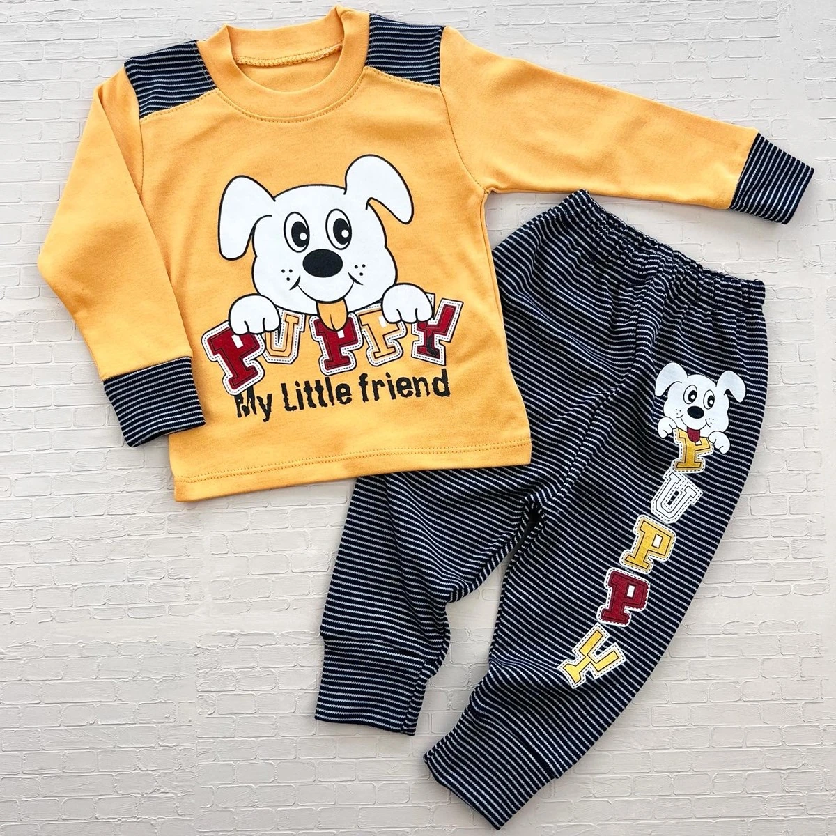 Bebek pijama 1-3 yaş puppy yazı baskılı sarı 