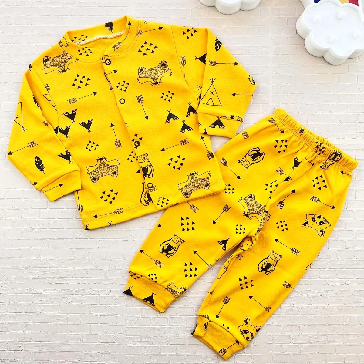 bebek pijama 6-18 ay kamp desenli önden çıtçıtlı sarı 