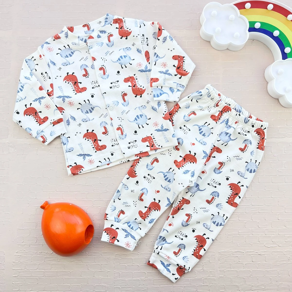 bebek pijama 6-18 ay little dino baskılı önden çıtçıtlı mavi- beyaz 