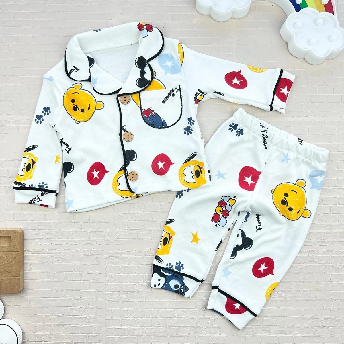 bebek pijama 6-18 ay sevimli hayvanlar baskılı cep detaylı düğmeli 