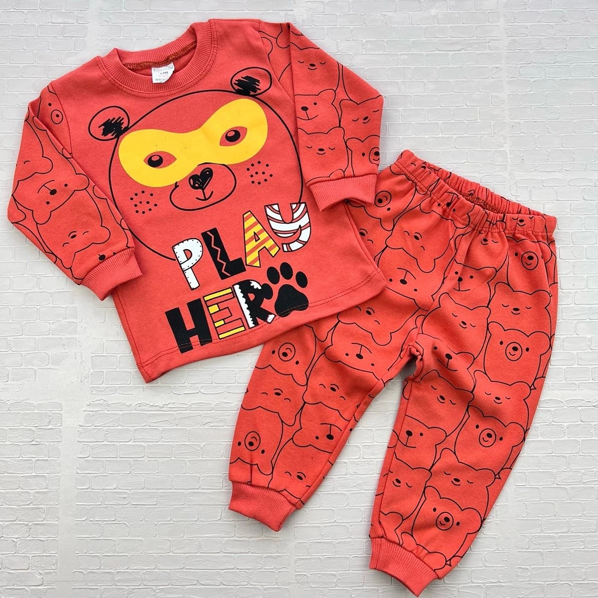 bebek pijama takım 1-3 yaş maskeli ayı baskılı kiremit 