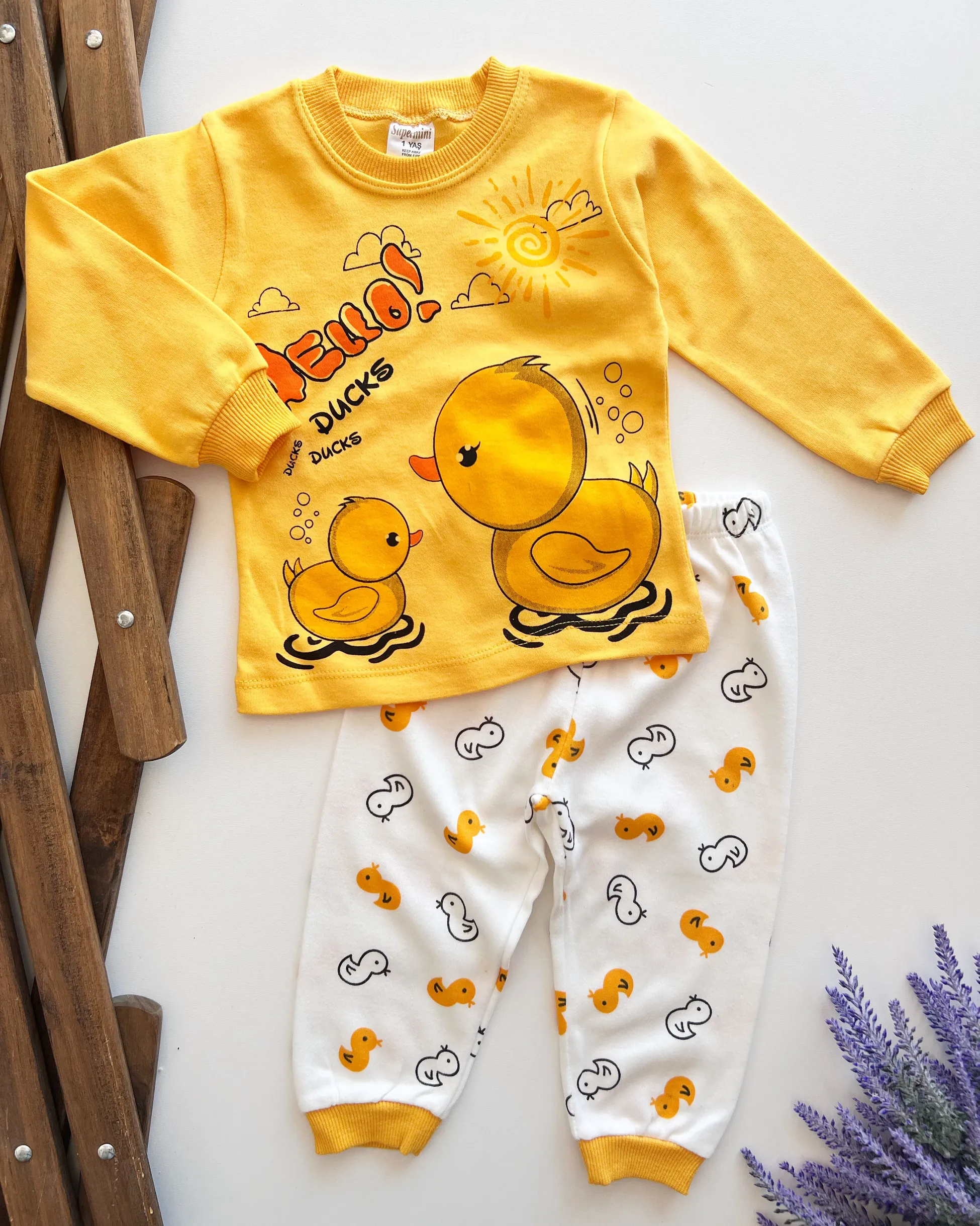 Bebek Pijama Takım 1-3 Yaş Ördek Baskılı Sarı 