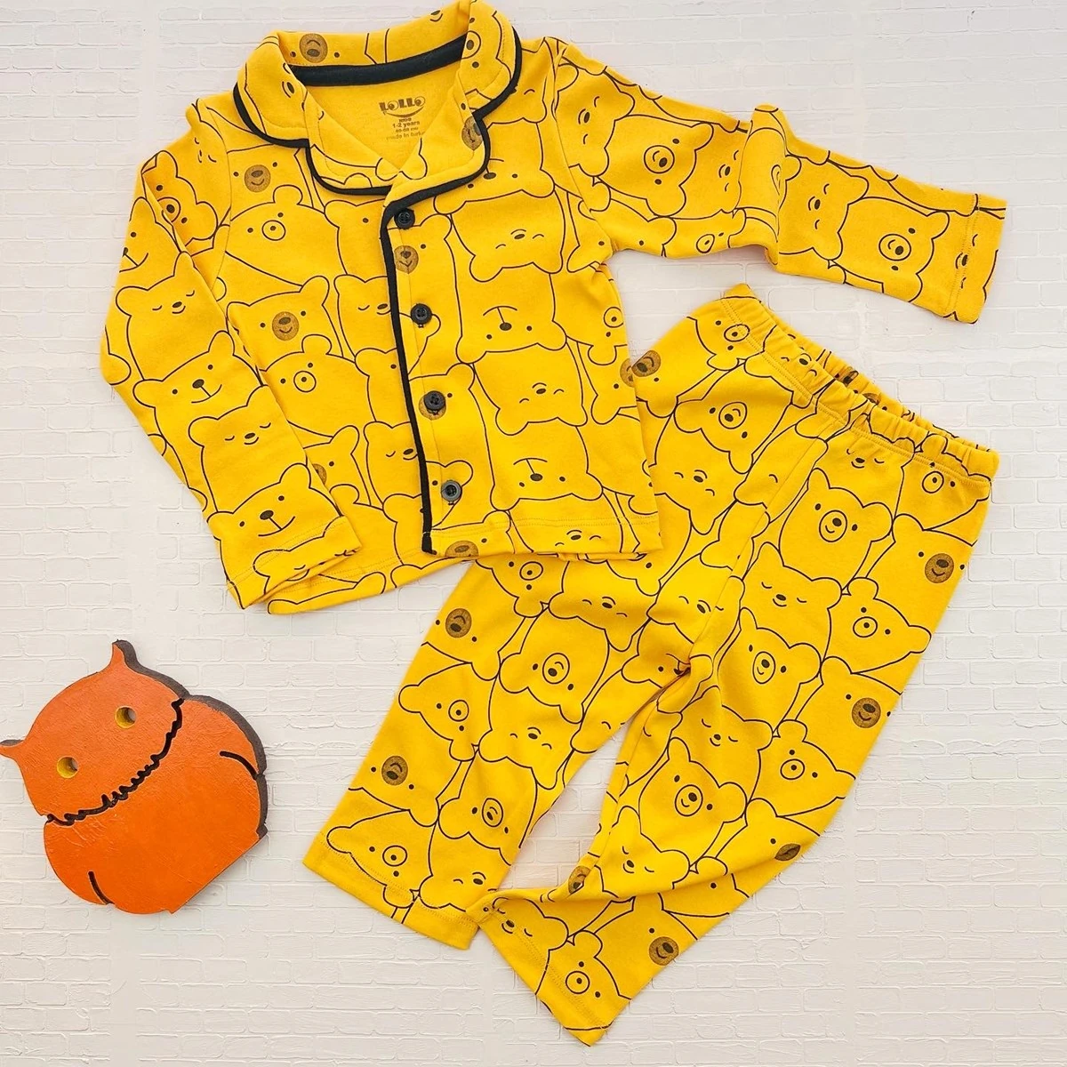 bebek pijama takım 1-4 yaş ayıcıklar baskılı önden düğmeli sarı 