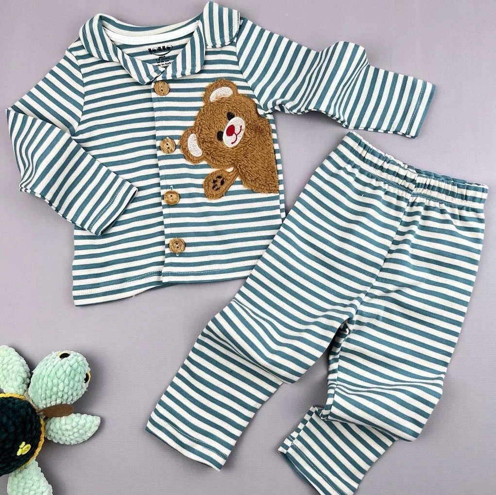 bebek pijama takım 1-4 yaş peluş ayı detaylı çizgili yeşil 