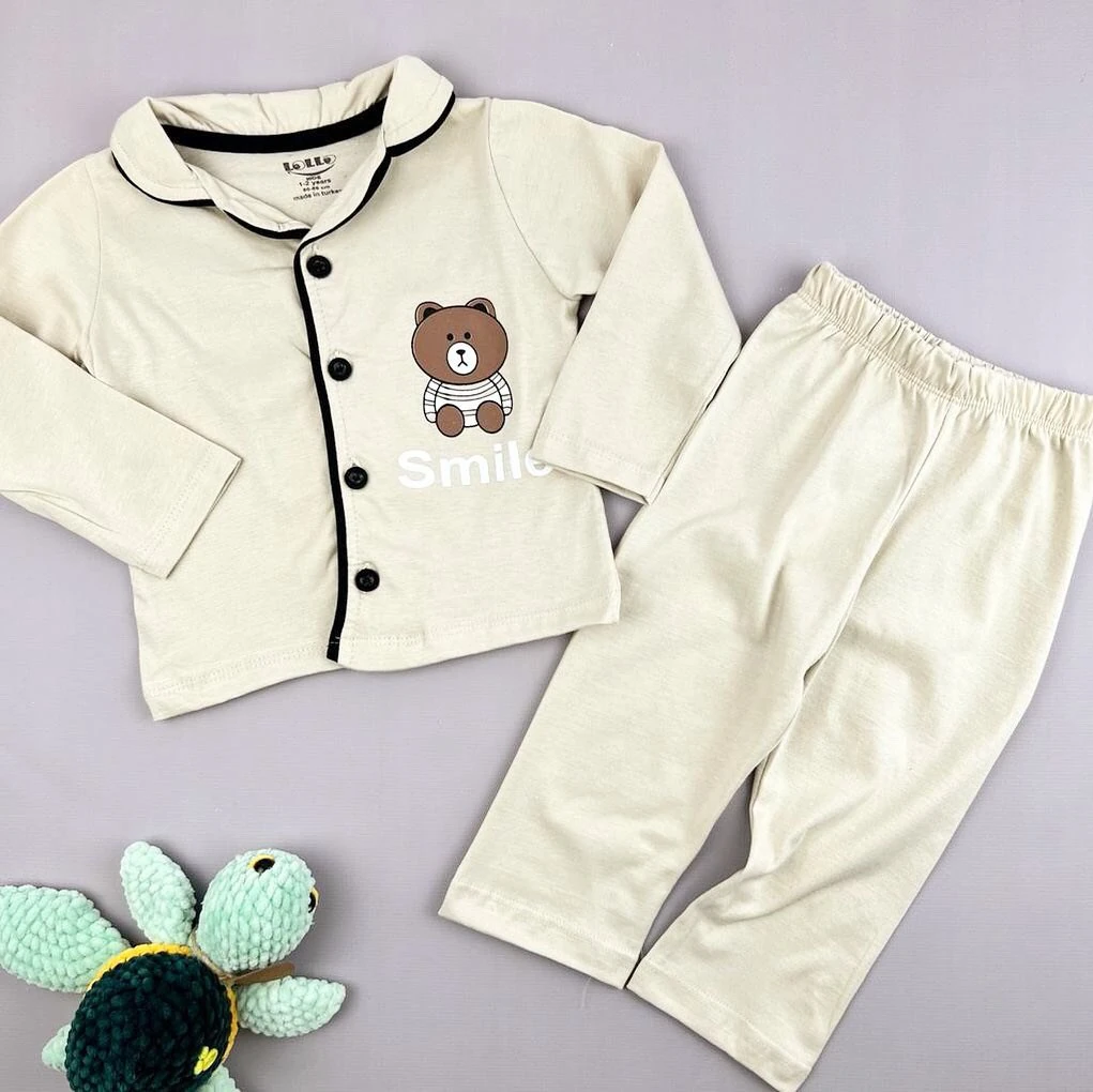 bebek pijama takım 1-4 yaş smile ayı baskılı önden düğmeli krem 