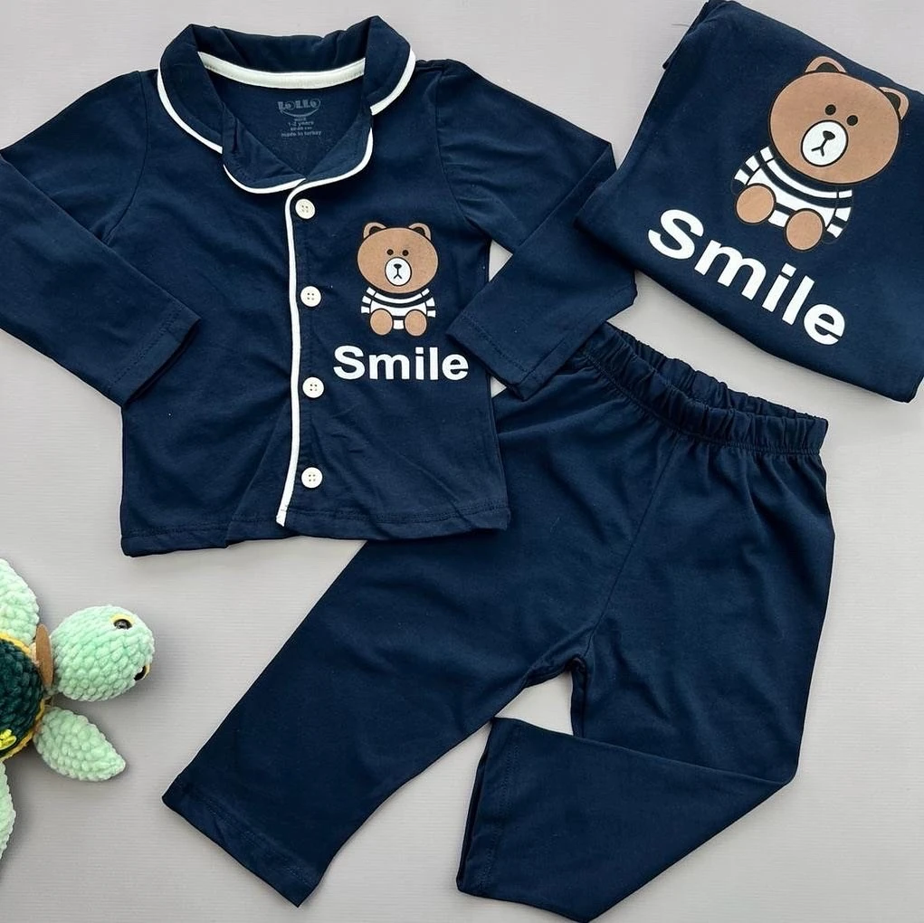 bebek pijama takım 1-4 yaş  smile ayı baskılı önden düğmeli lacivert 