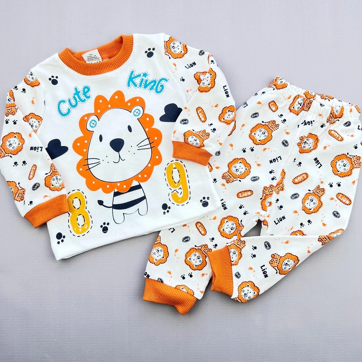 bebek pijama takım 6-12 ay  aslan baskılı turuncu beyaz 