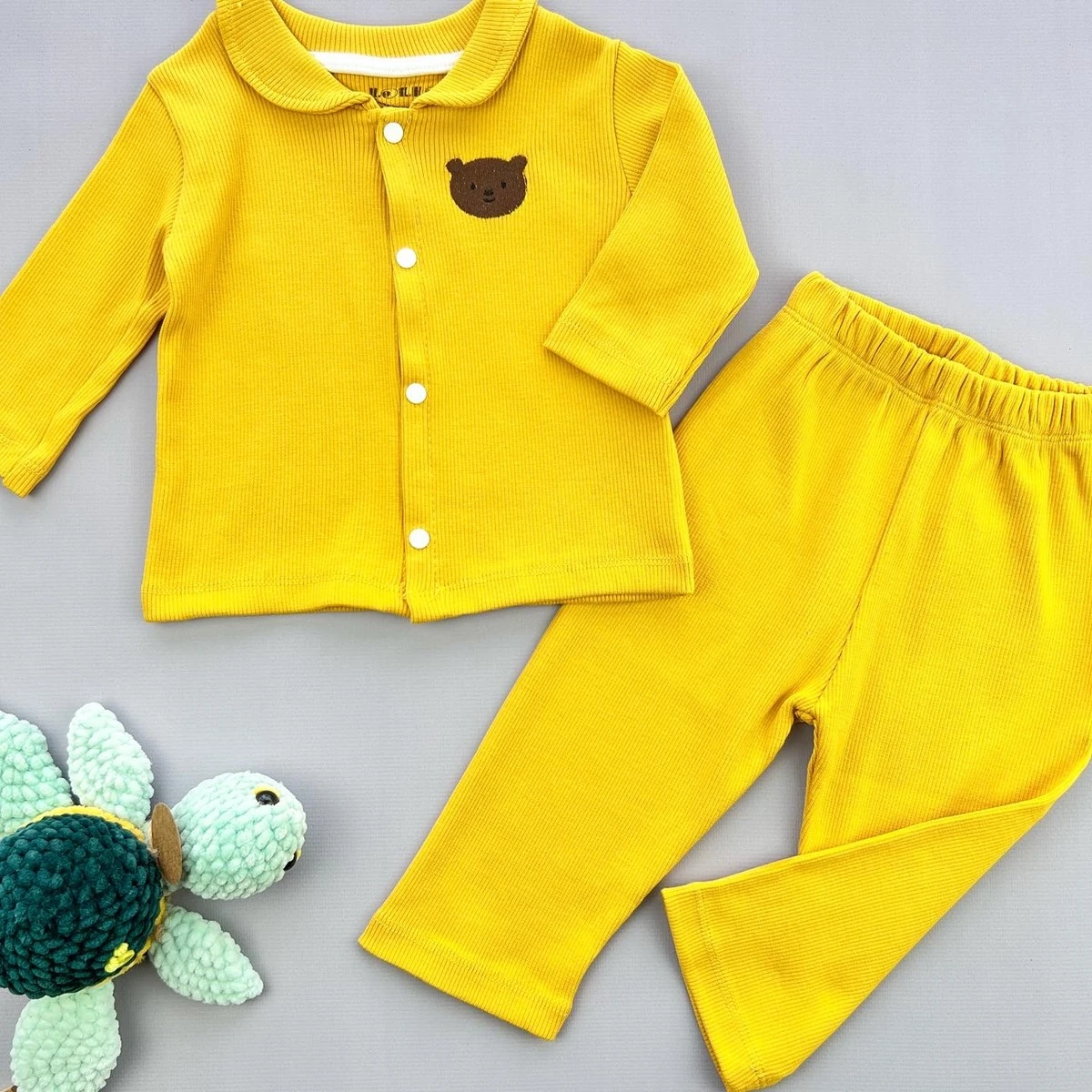 bebek pijama takım 6-18 ay ayıcık nakışlı kaşkorse kumaş sarı 