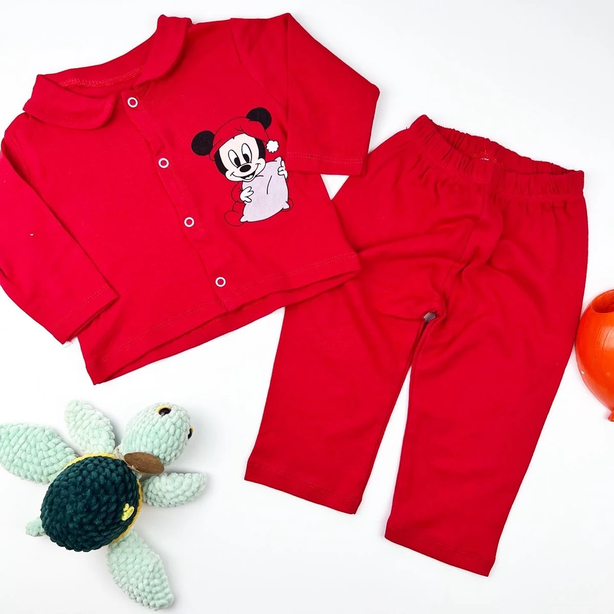 bebek pijama takım 6-18 ay uykucu mickey baskılı önden çıtçıtlı kırmızı 