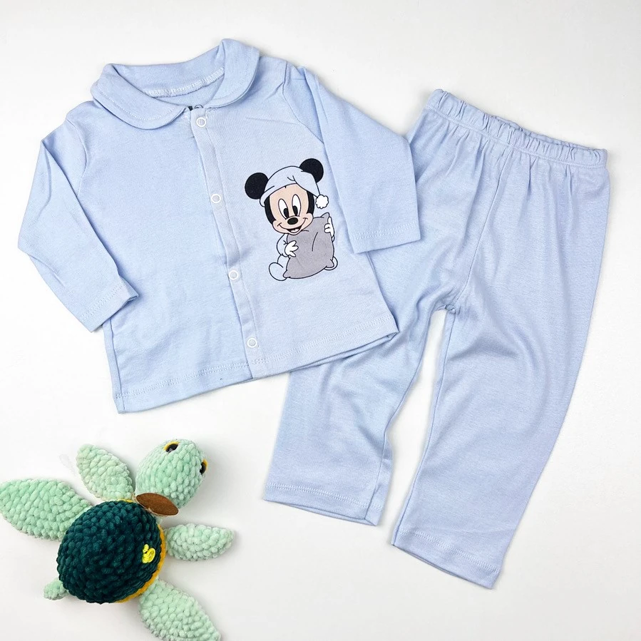 bebek pijama takım 6-18 ay uykucu mickey baskılı önden çıtçıtlı mavi 