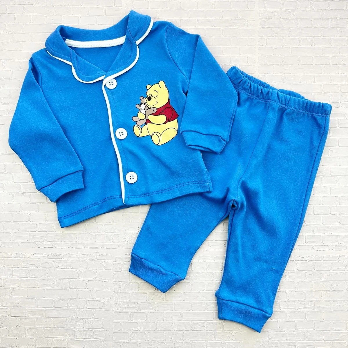 bebek pijama takım 6-18 ay winnie the pooh baskılı önden düğmeli yakalı mavi 