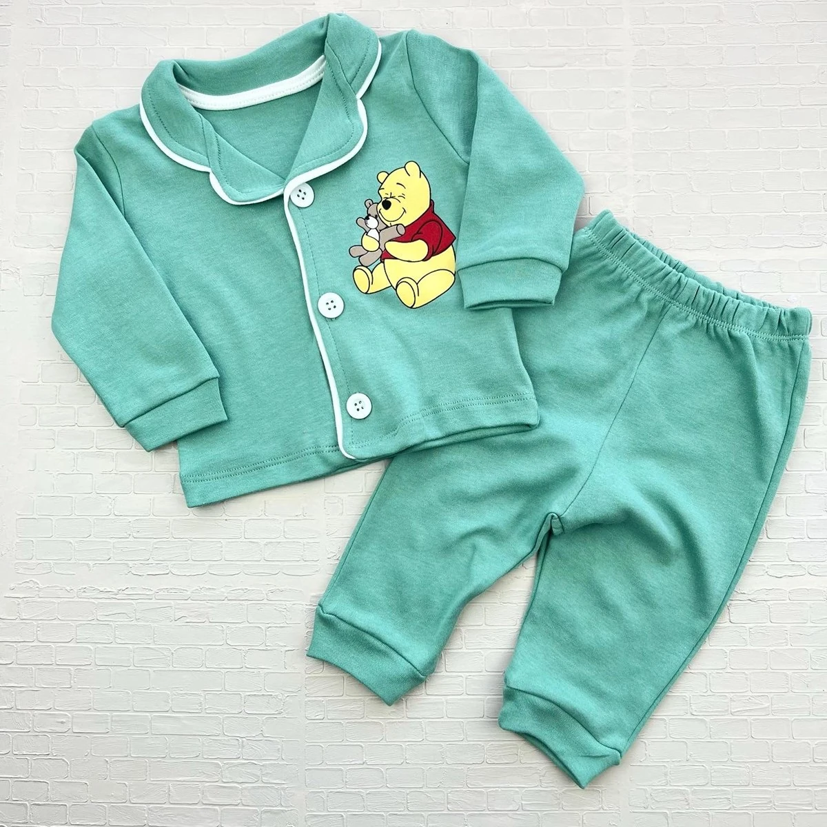 bebek pijama takım 6-18 ay winnie the pooh baskılı önden düğmeli yakalı yeşil 