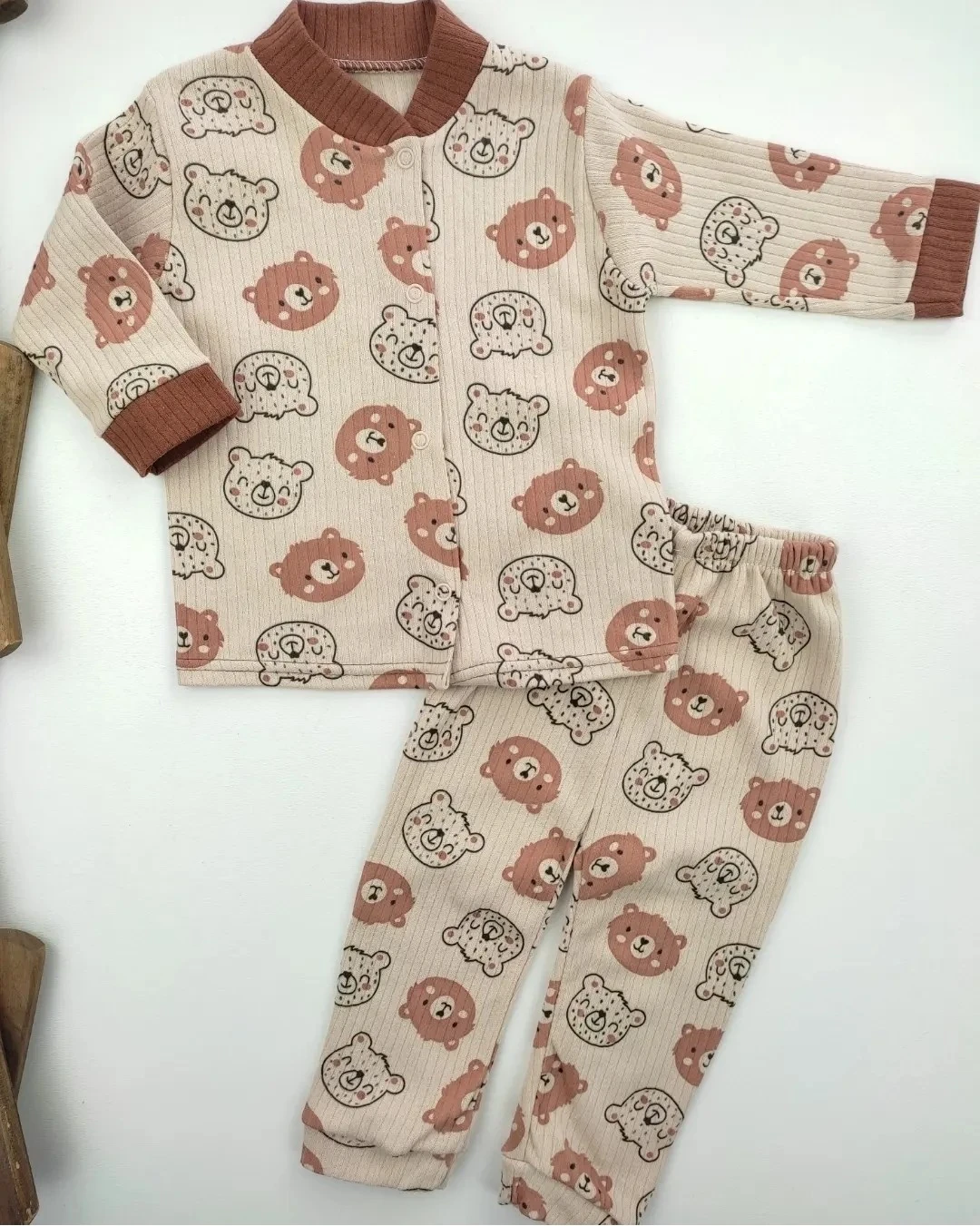 Bebek Pijama Takım 6-9 Ay Çıtçıtlı Fitilli Kumaş Ayıcık Baskılı 