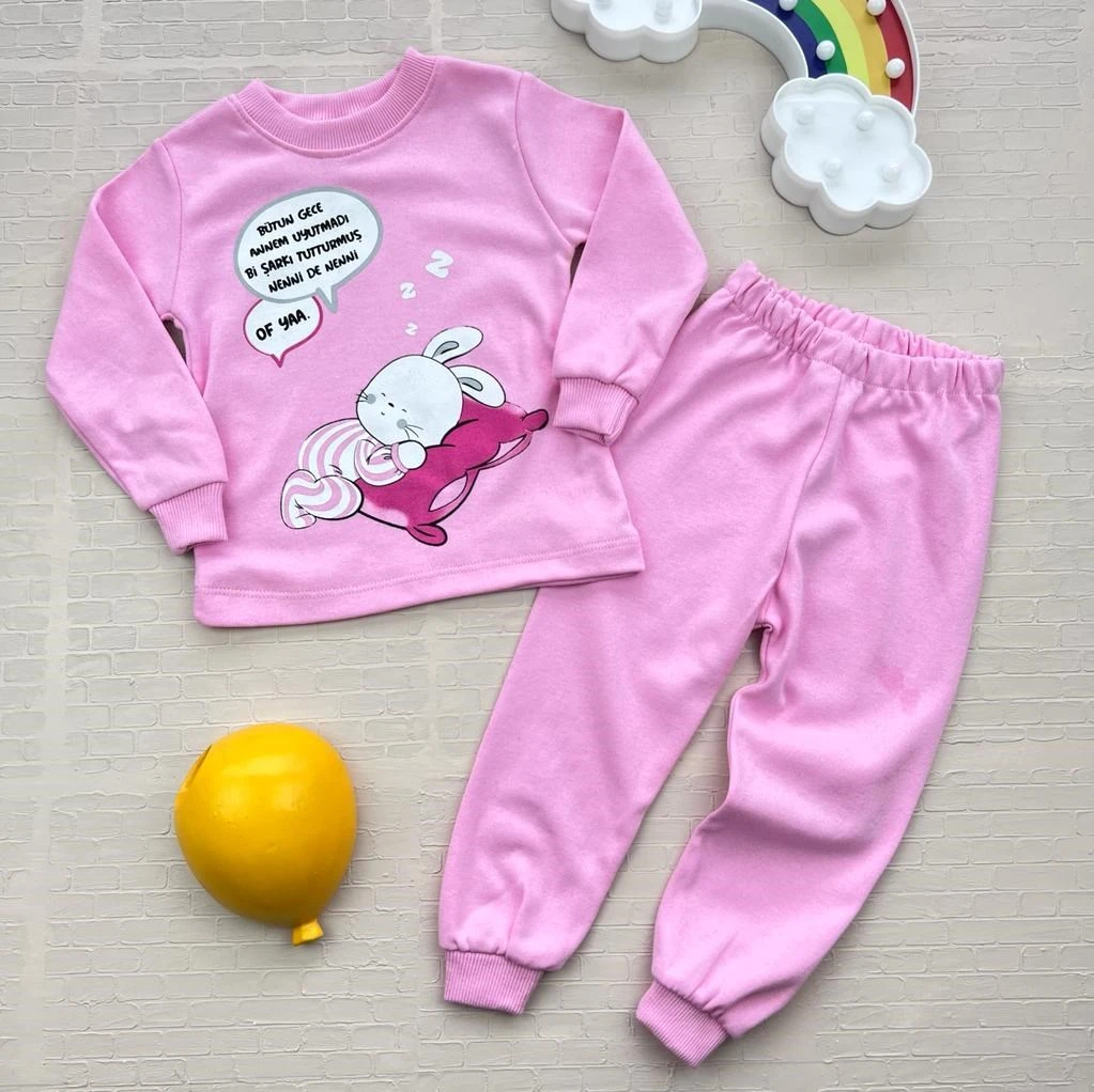 bebek pijama takımı 1-2 yaş pembe uyuyan tavşan yazı baskılı 