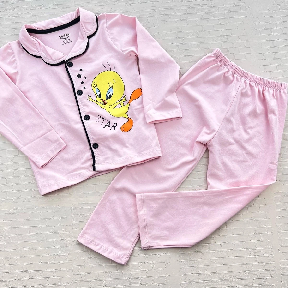 Bebek pijama takımı 4-7 yaş tweety baskılı düğmeli pembe 