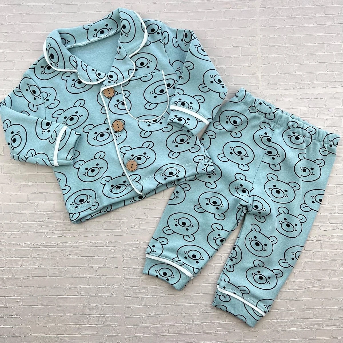 Bebek pijama takımı 6-18 ay ayıcık baskılı düğmeli yeşil 