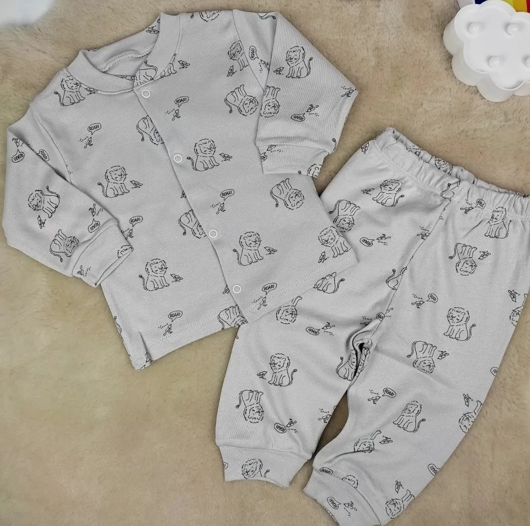 bebek pijama takımı aslan desenli çıtçıtlı gri 