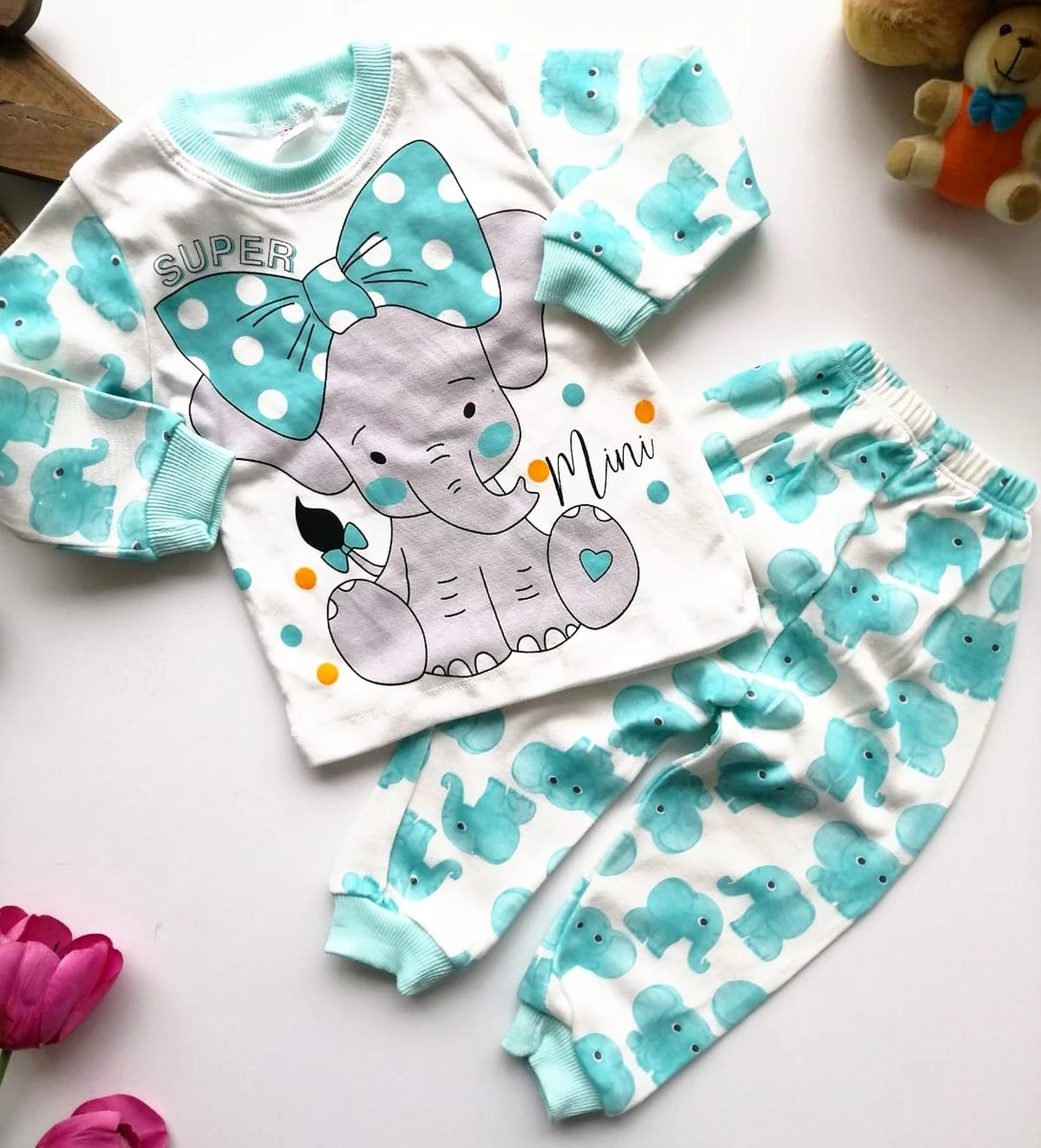 bebek pijama takımı fiyonklu fil baskılı 