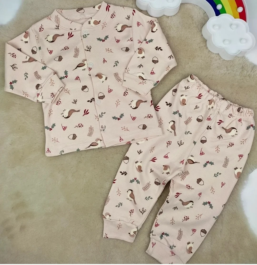 bebek pijama takımı kuş desenli çıtçıtlı pudra 