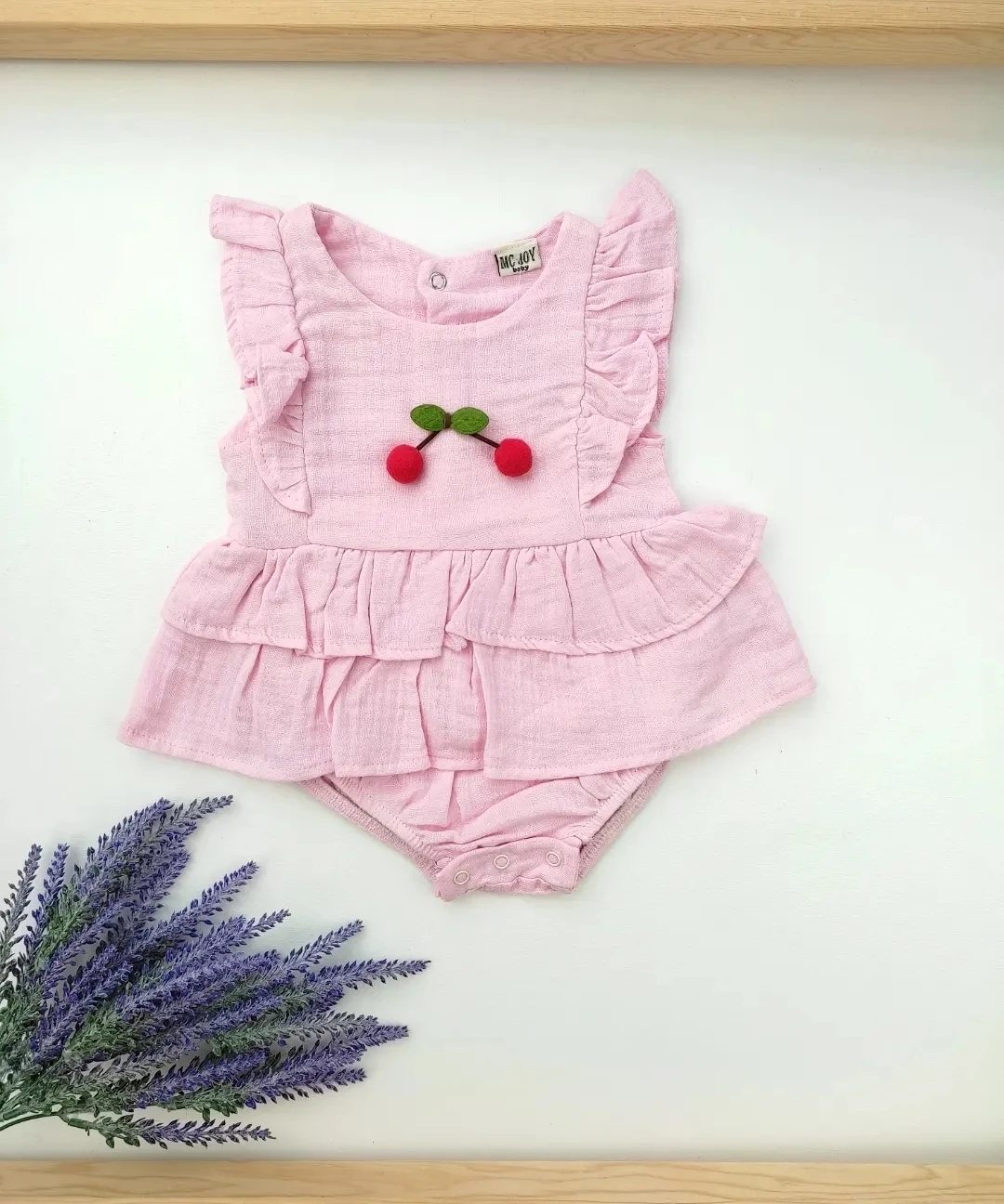 Bebek Romper 6-18 Ay Kiraz Detaylı Müslin Pembe 