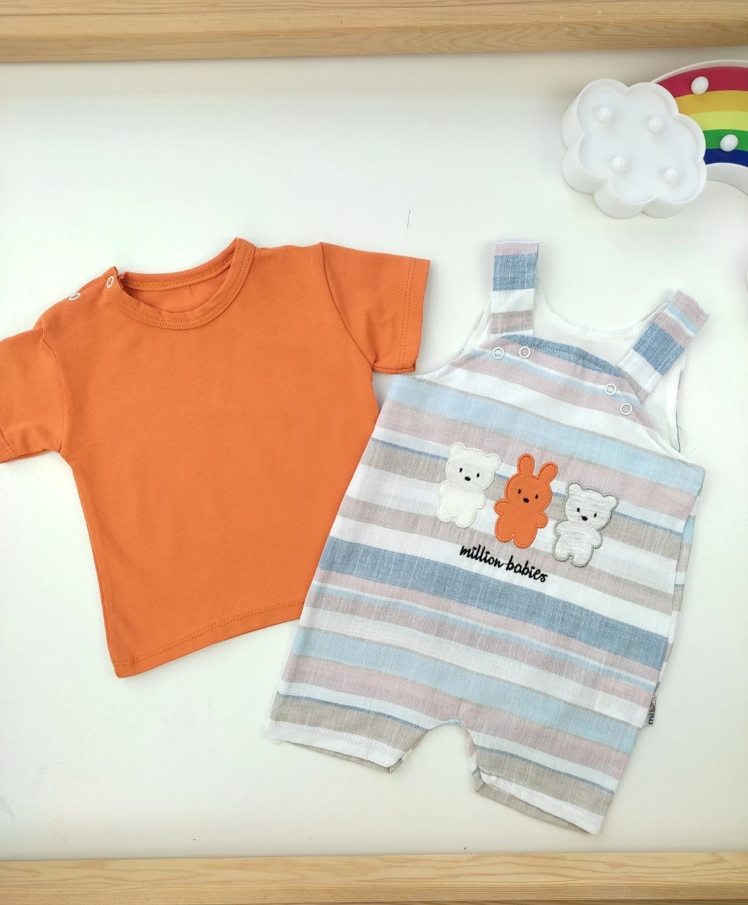 Bebek Salopet 3-12 Ay Çizgili Sevimli Hayvan Nakışlı Turuncu Tshirt 