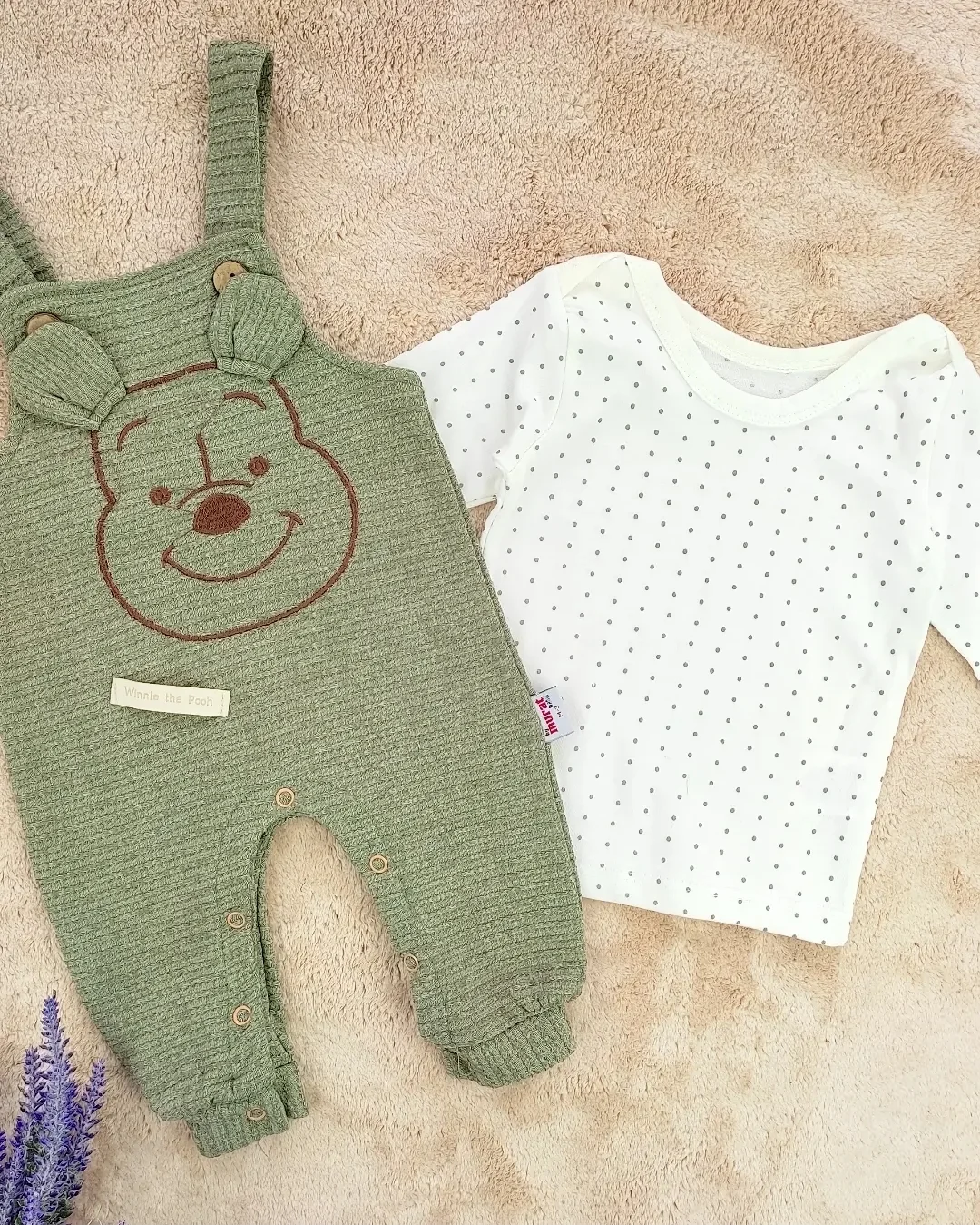 Bebek Salopet 3-12 Ay Winnie Nakışlı Puantiyeli T-Shirtlü Yeşil