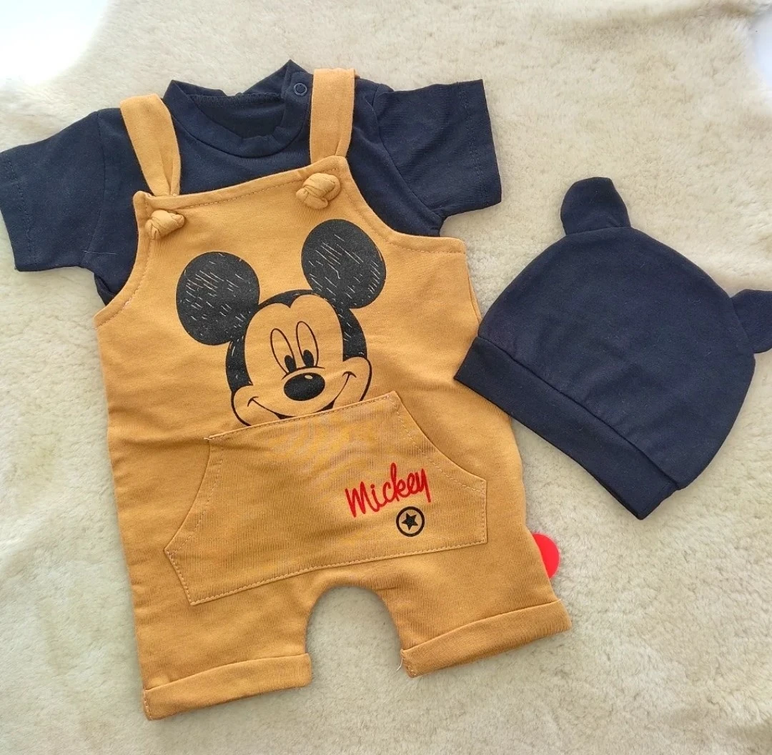 bebek salopet 3 ay-12 ay aralığında mickey baskılı cep detaylı kahverengi 