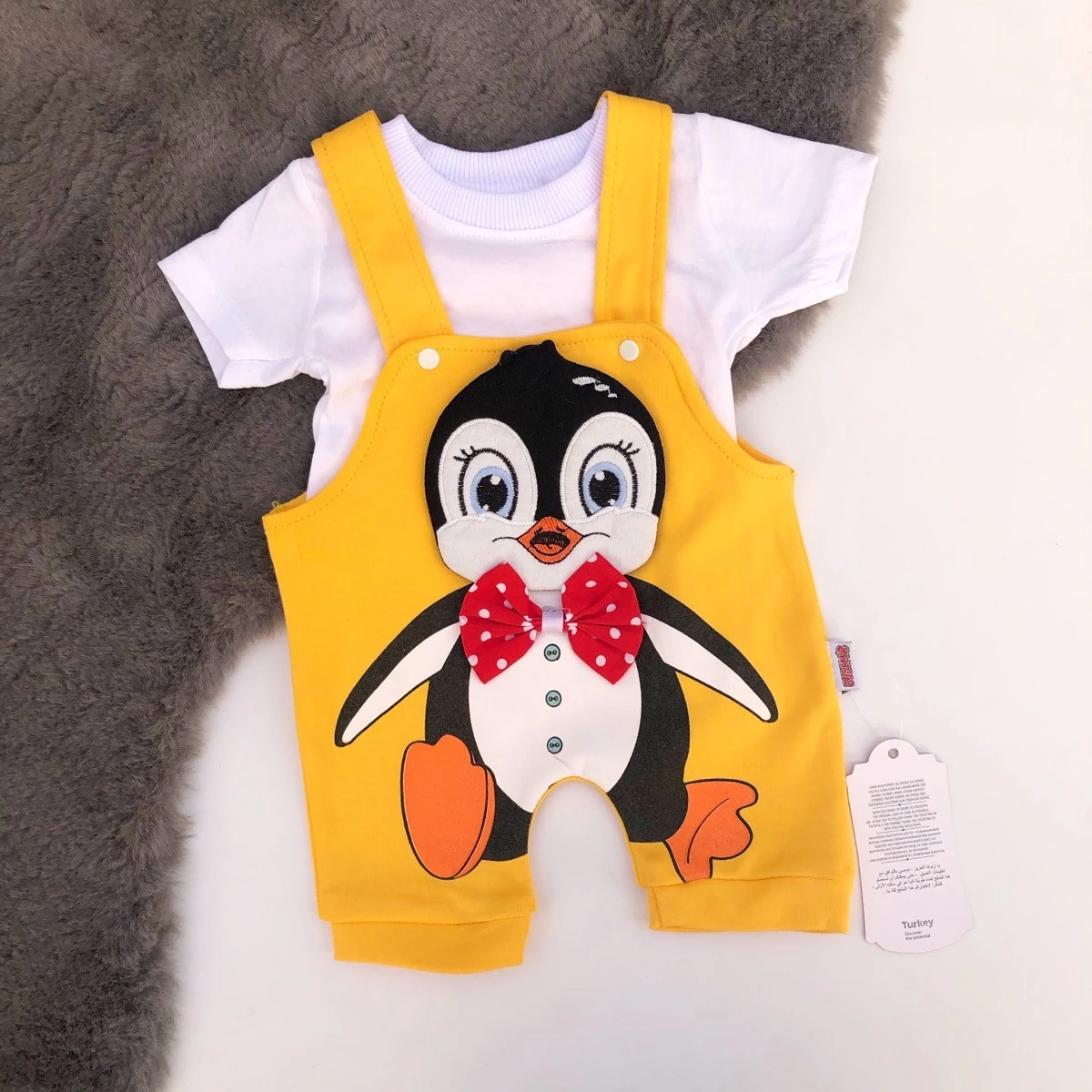 bebek salopet 3d penguen detaylı şortlu sarı 