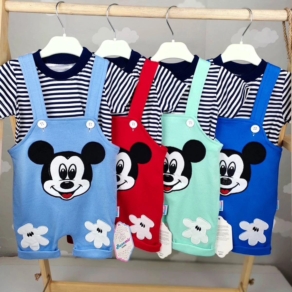 bebek salopet 6-12 AY mickey nakışlı çizgili tshirtlü 