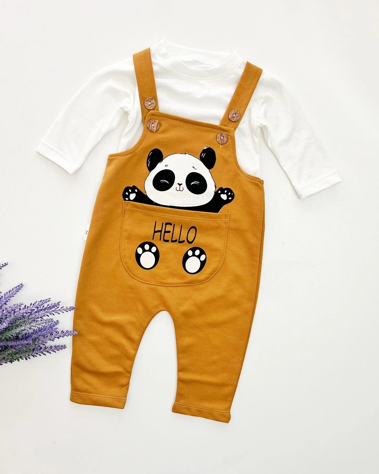 bebek salopet 6-18 ay hello panda baskılı 2'li hardal 