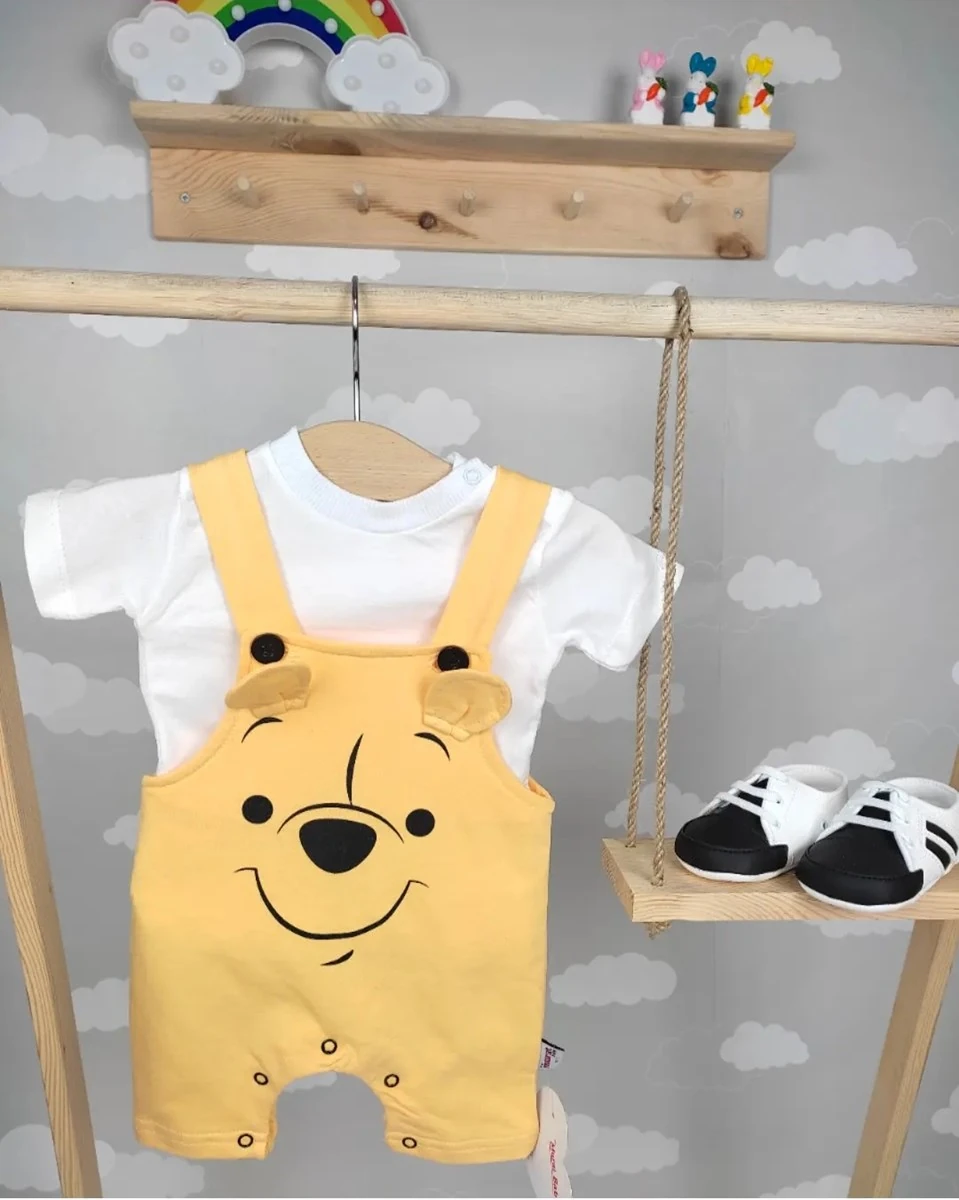 bebek salopet takım gülen pooh baskılı sarı 