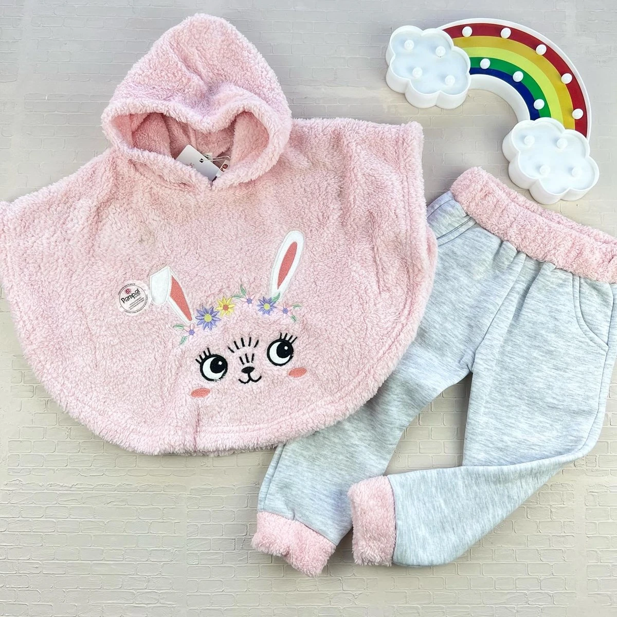 bebek takım 2-5 yaş tavşan nakışlı pelerinli 2'li pembe 