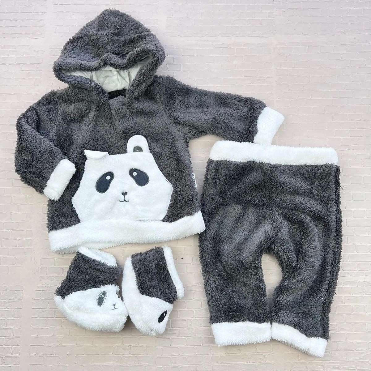 bebek takım 3-12 ay wellsoft panda nakışlı panduf hediyeli gri 