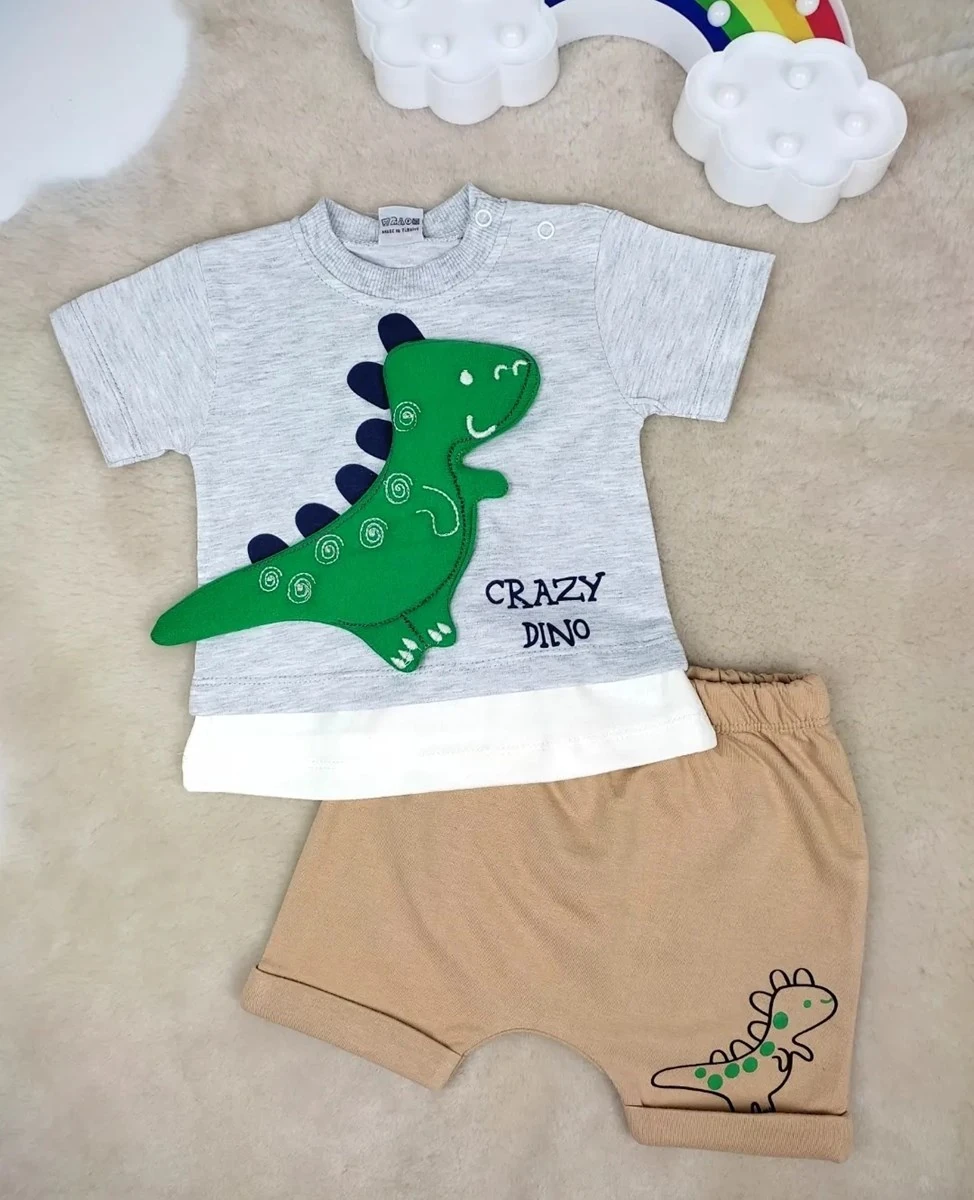 bebek takım 3d crazy dino detaylı  bej şortlu 