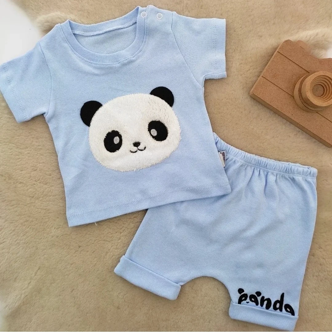 bebek takım 6-12 ay panda nakışlı kısa kollu şortlu mavi 