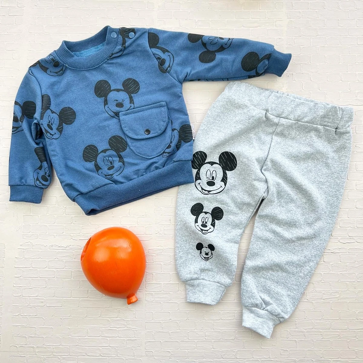 bebek takım 6-24 ay mickey baskılı cep detaylı saks mavi 