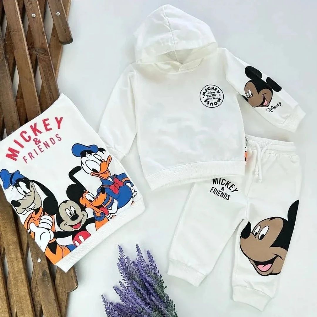 Bebek Takım 6-24 Ay Mickey Mouse Detaylı Arkası Baskılı Kapşonlu Beyaz 