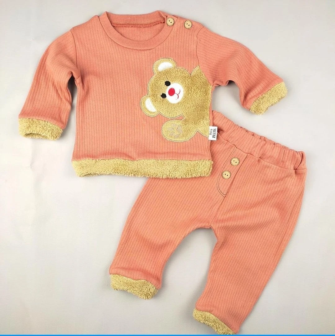 bebek takım 6-24 ay peluş ayıcık detaylı fitilli kumaş kiremit 