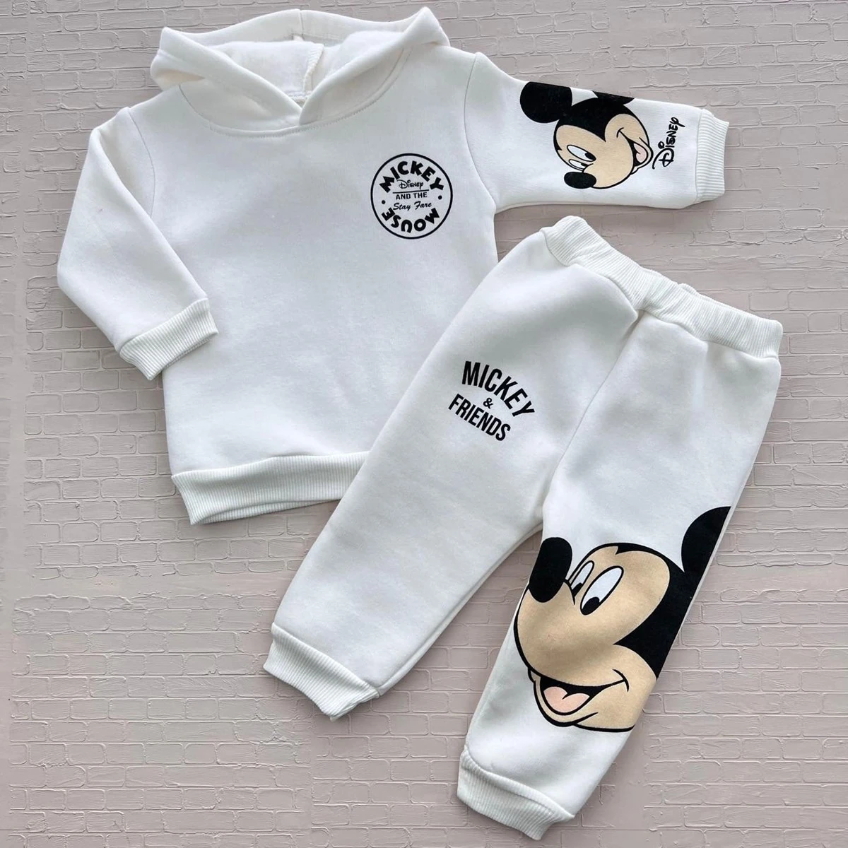 Bebek takım 9-24 ay gülen mickey baskılı kapşonlu 3ip şardonlu beyaz 