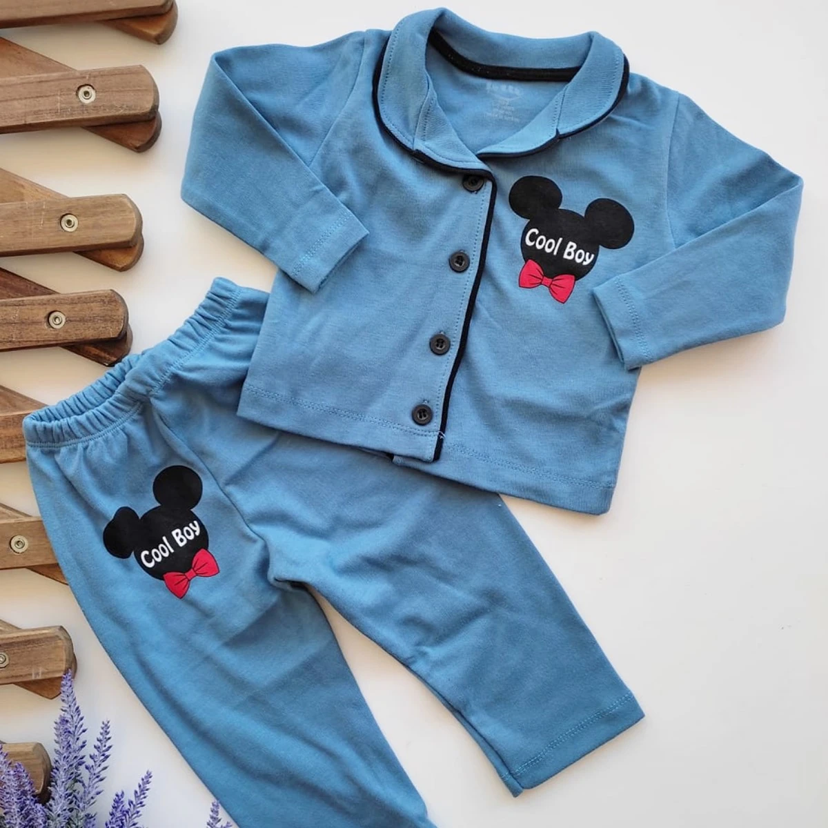 bebek takım cool boy mickey baskılı yakalı düğmeli pijama mavi 