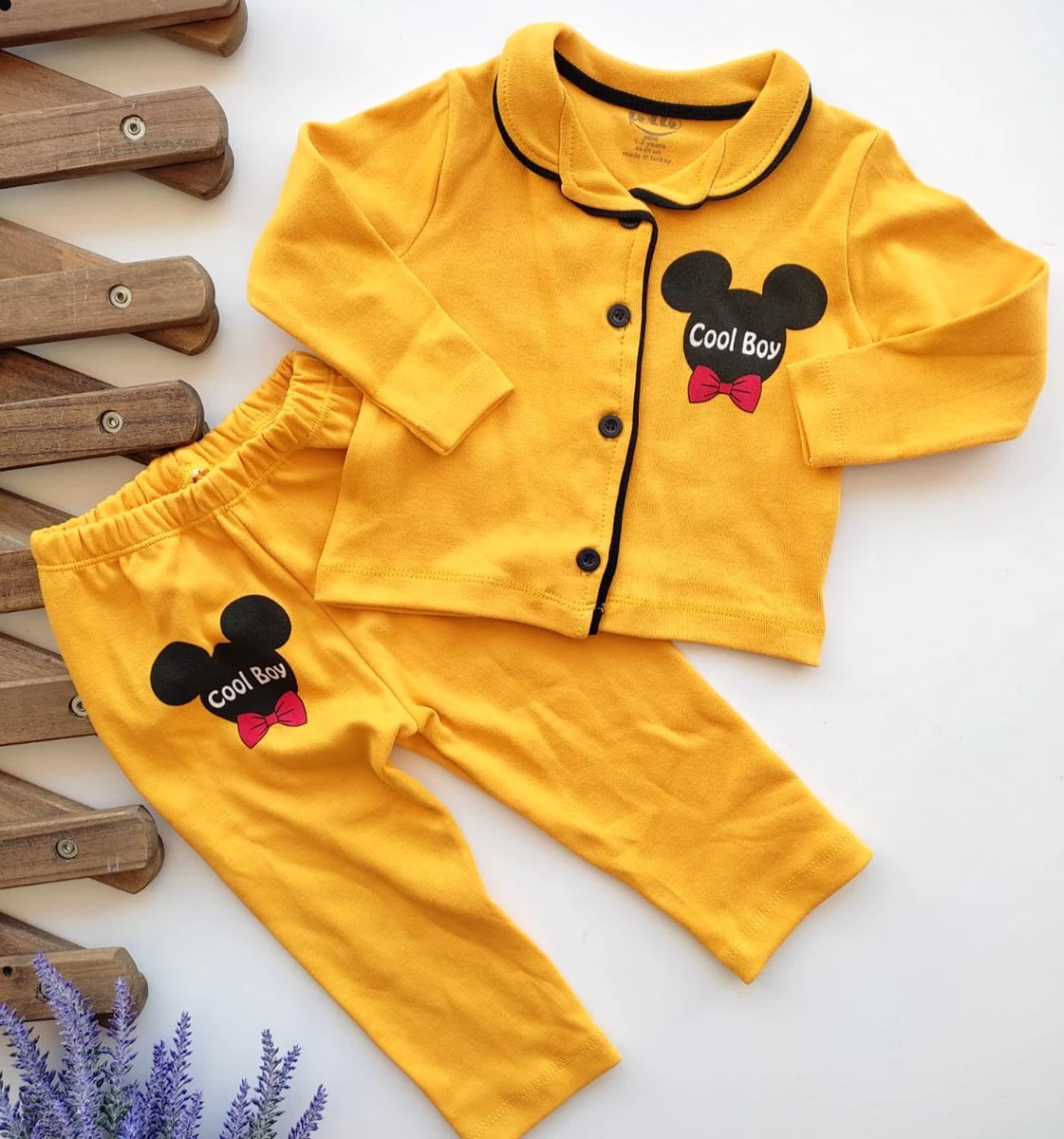 bebek takım cool boy mickey baskılı yakalı düğmeli pijama sarı 