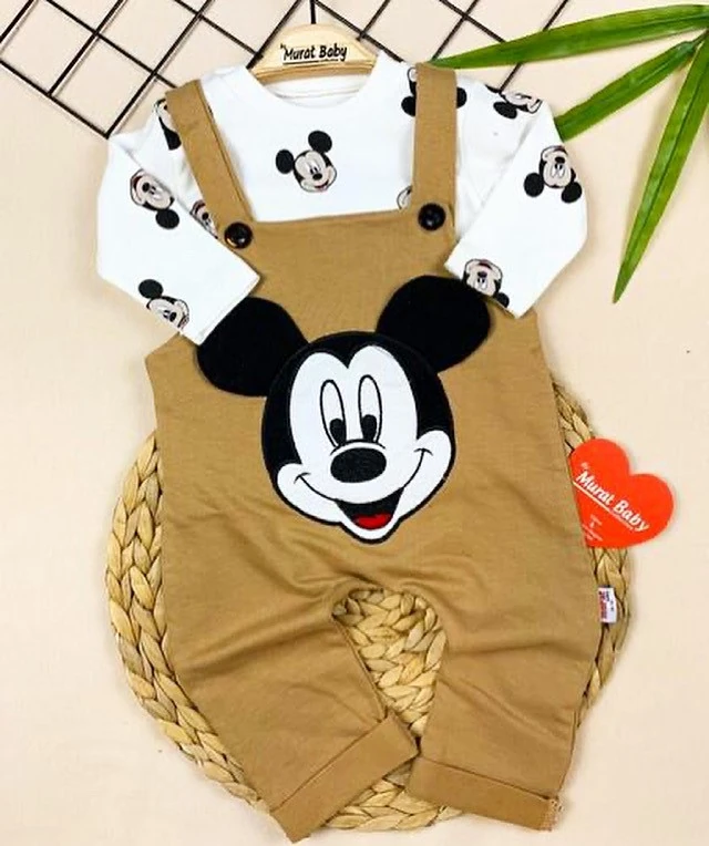 bebek takım mickey işlemeli salopet kahverengi 