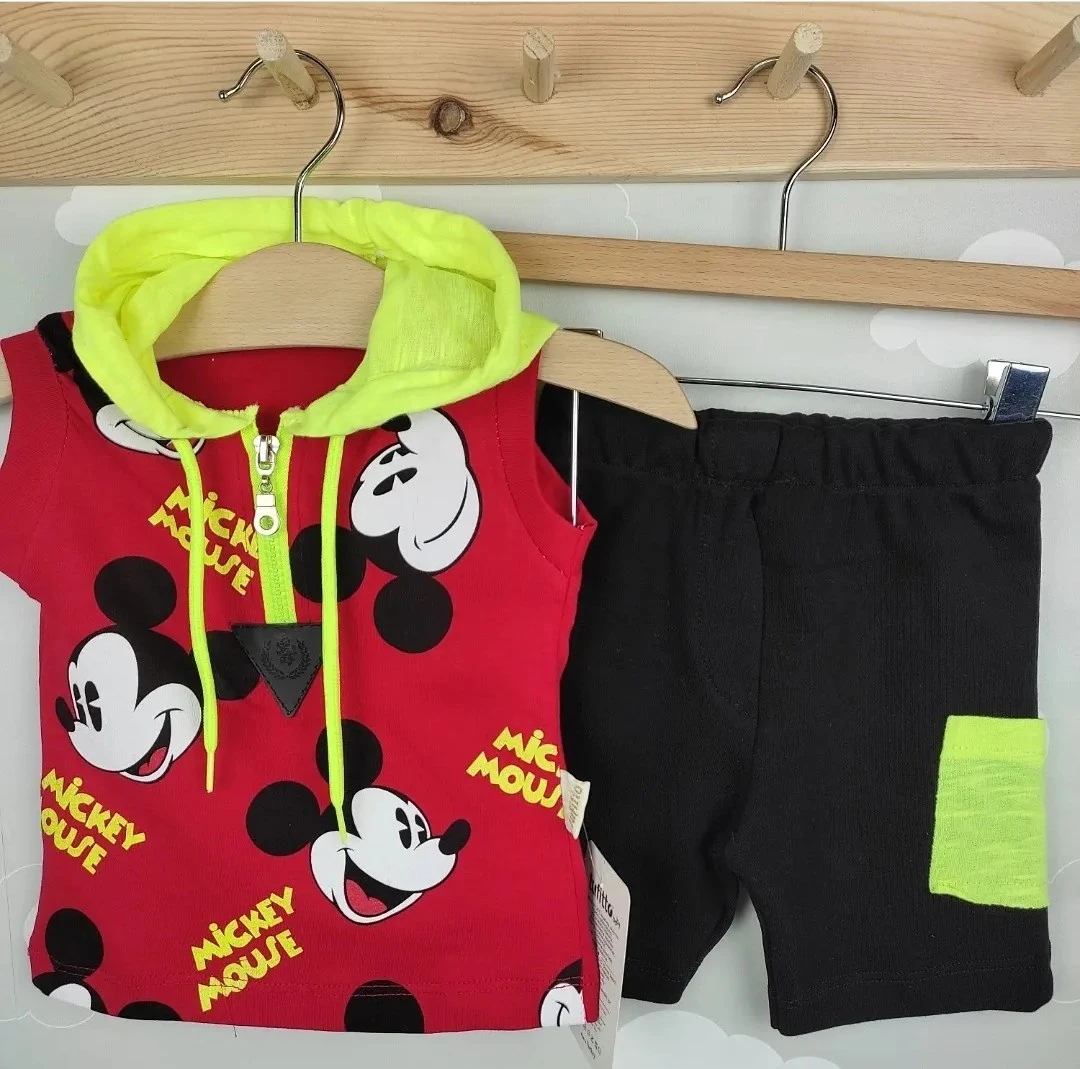 bebek takım mickey mouse baskılı kapşonlu kırmızı 