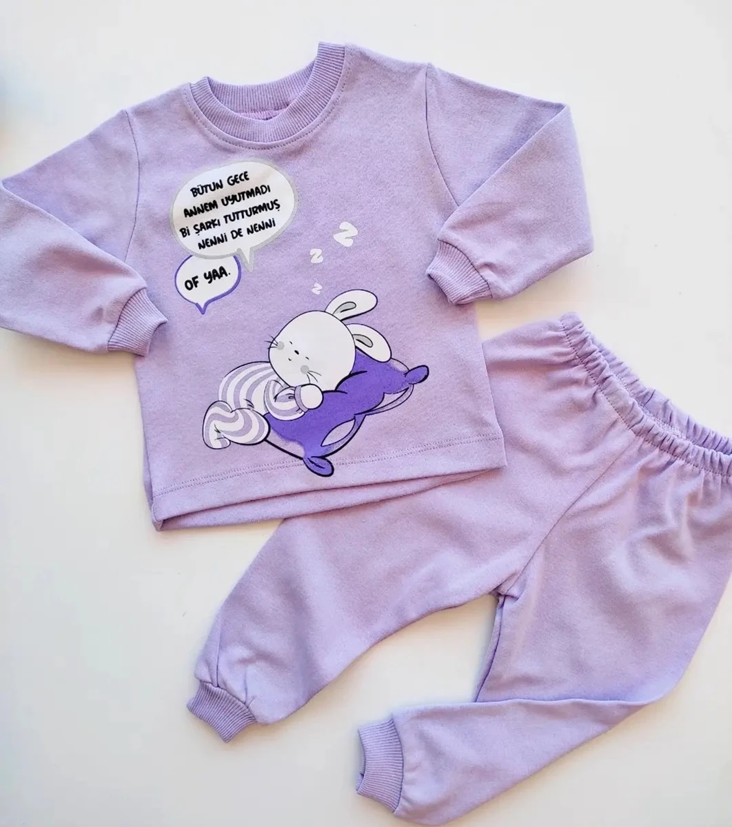 bebek takım yazı baskılı pijama takımı lila 