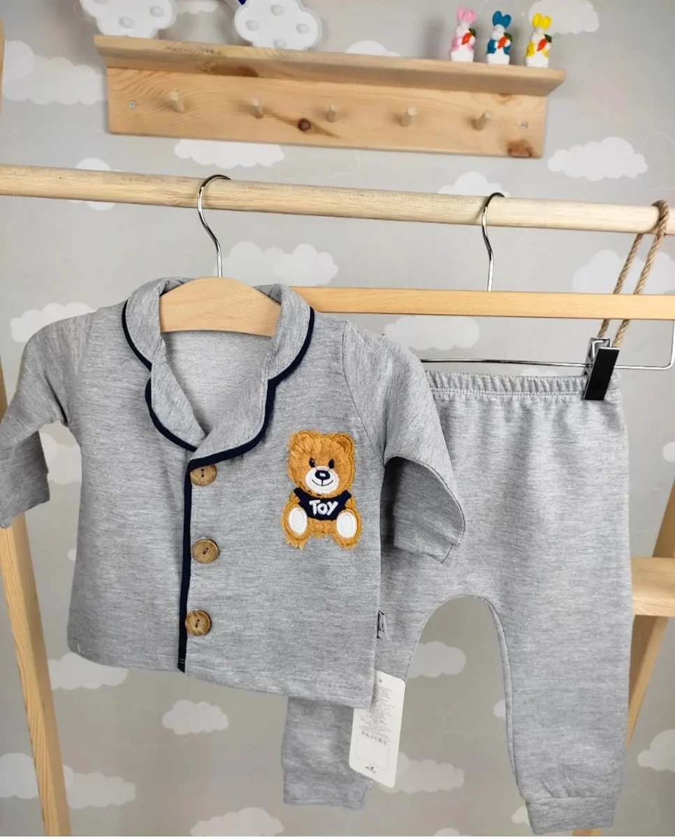 bebek tarz pijama toy ayıcık nakışlı düğmeli gri 