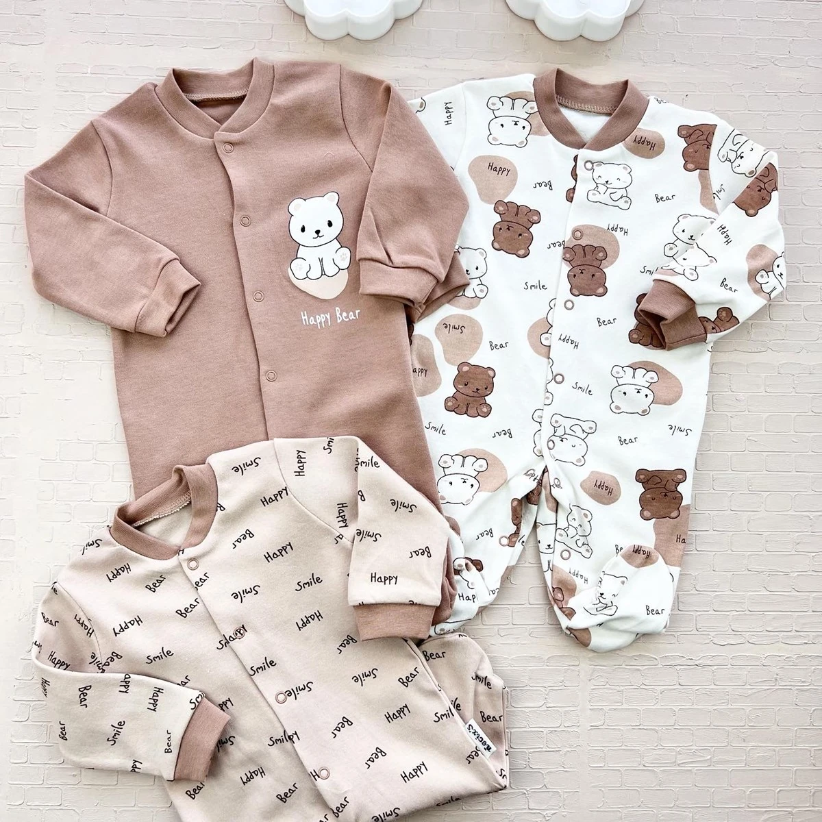 bebek tulum 0-3 ay happy bear baskılı patikli 3'lü set 